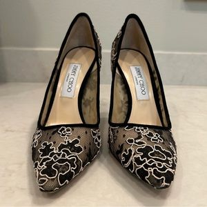 Jimmy Choo Romy 100 Black Mesh Lace Pumps 38.5